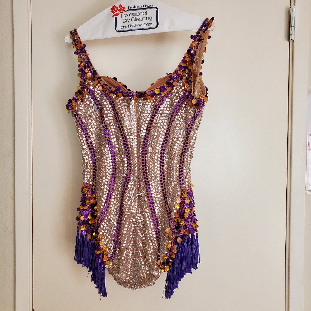 Embellished Purple & Gold One-Piece Rave Bodysuit - Picture 3 of 6